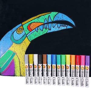 a group of markers next to a drawing of a bird with text: 'BLAMi CHALK BLAMi BLAMi BİAMİ BLAMi CHAlk BLAMi CHAlk Chalk BLAMi CHALK BLAMi CHALK'