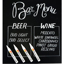 a black sign with white text and markers with text: 'BEER WINE BUD LIGHT MOSCATO BUD SELECT WHITE ZINFANDEL CHARDONNAY PINOT GRIGIO RESLING BLAMi BlAMi CHALK BLAMi CHALK'