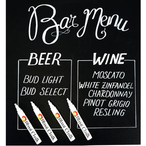 a black sign with white text and markers with text: 'BEER WINE BUD LIGHT MOSCATO BUD SELECT WHITE ZINFANDEL CHARDONNAY PINOT GRIGIO RESLING BLAMi BlAMi CHALK BLAMi CHALK'