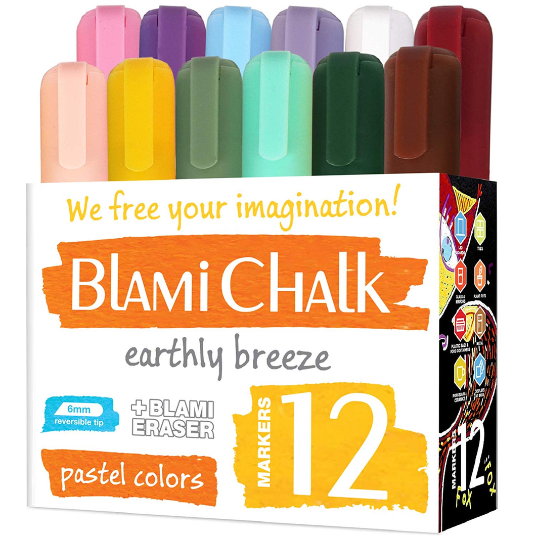 a box of colorful markers with text: 'We free your imagination 88 BLAMi CHALK POTS earthly breeze + BLAMI 12' PORCELAIN 6mm reversible tip ERASER pastel colors MARKERS MARKE'