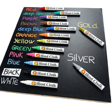a group of colorful markers on a black board with text: 'DEEP GREEN BLAMi CHALK PURPLE BROWN BlAMi CHALK GOLd deep Blue BLAMi CHALK ORANGE yellow GREEN CHALK PINK SILVER BlAMi CHALK BLUE BlAMi BlAMi CHALK WHITE BlAMi'