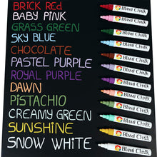 a black board with writing on it with text: 'CHALK BRICK RED CHALK BABY PINK BLAMi GRASS GREEN SKY BLUE CHOCOLATE PASTEL PURPLE CHALK ROYAL PURPLE BLAMi DAWN BLAMi PISTACHIO BLAMi CREAMY GREEN SUNSHINE BLAMi SNOW WHITE BLAMi'