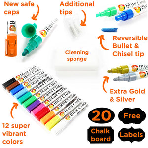 a group of markers and labels with text: 'New safe Additional caps BLAMI tips Reversible Bullet & Cleaning Chisel tip sponge BLAM BLAMi CHALK BLAMI CHALK CHALK Extra Gold CHAIK CHALK CHALK & Silver CHALK CHALK CHALK 20 Free 12 super vibrant Chalk colors board Labels'