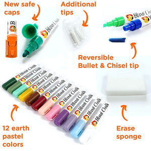 a group of colorful markers with text: 'New safe Additional caps tips CH BLAMi Reversible Bullet & Chisel tip CHALK BLAMI CHALK BLAMi CHALK CHALK BLAMi CH BLAMI CHALK 12 earth Erase pastel sponge colors'