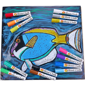 a group of markers on a piece of paper with text: 'BLAMi CHALK BLAMi CHALK CHALK CHALK BLAMi BLAMi CHALK CHALK BLAMi BLAMi CHAlk'