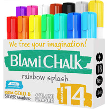 a box of colorful markers with text: 'We free your imagination CHALK 18 rainbow splash FREE 6mm reversible tip EXTRA GOLD & +BLAMI LAbels SILVER MARKER ERASER MARKERS'