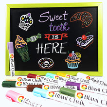 a chalkboard with colorful markers with text: 'Sweet tooth IS K HERE CHALK RIAMi CHA BLAMI BlAMi CHALK BlAMi BLAMi CHALK CHALK'