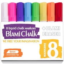 a box of markers with different colors with text: '8 liquid CHALK MARKERS + BLAMI CHALK ERASER WE FREE YOUR IMAGINATION 6mm reversible tip MARKERS'