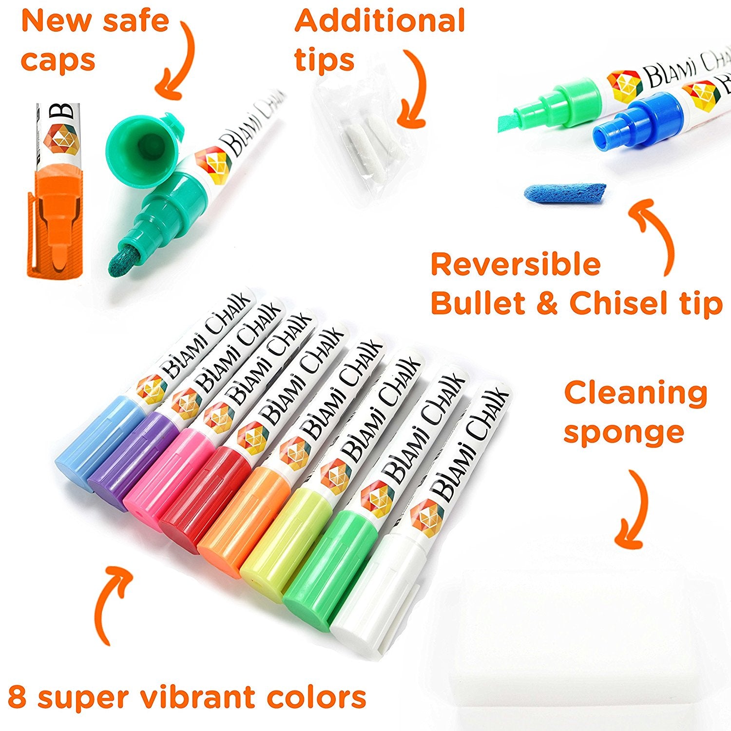 Vibrant Chalk Markers Set of 8 Erasable, Non-toxic, Reversible