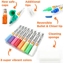 a group of colorful markers with text: 'New safe Additional caps tips BLAMi CH Reversible Bullet & Chisel tip Cleaning sponge CHALK 8 super vibrant colors'