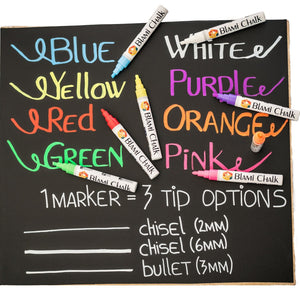 a black board with colorful markers with text: 'BLUE CHALK BlAMi CHALK BlAMi CHALK ORANGEN CHALK BLAMi CHALK CHALK 1 MARKER OPTIONS chisEl (2 MM) CHISEL (6MM) bullET (3MM)'