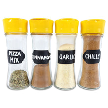 a group of spices in containers with text: 'PIZZA MIX CINNAMON GARLIC CHILLY'