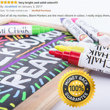 a group of markers on a chalkboard with text: 'Very bright and solid colors !!!! By JacobReid on January 3, 2017 Size: 12 chalk markers set Purchase Out of all my markers, Blami Markers are the most vibrant in colors. I really enjoy them HALK MONEY HALK 100% GUARAN'