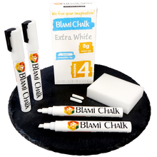 a group of markers and a box with text: 'We free your imagination ! CHALK Extra White 8g extra ink 6mm reversible tip 4 CHALK MARKERS +BLAMI ERASER VATER- OPAQUE LIQUID CHALK CHALK UID'
