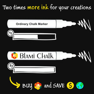 a white marker with writing on it with text: 'Two times more ink for your creations Ordinary Chalk Marker CHALK Buy and SAVE $'