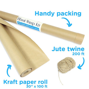 a roll of brown wrapping paper with text: 'Handy packing KRAFT PAPER INCH 100 fEET) Jute twine 200 ft Kraft paper roll 30" 100 ft'