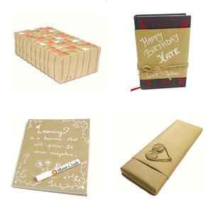 a collection of different wrapped presents with text: 'Jane HAPPY BIRTHDAY LOVE, John is a treasure that will follow its owner everywhere CHALK'