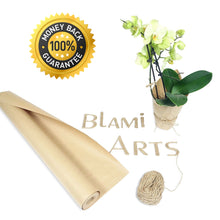 a roll of brown paper with a white flower in a pot next to a string with text: 'BACK 100% * * BLAMİ ARTS'