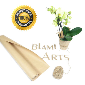 a roll of brown paper with a white flower in a pot next to a string with text: 'BACK 100% * * BLAMİ ARTS'