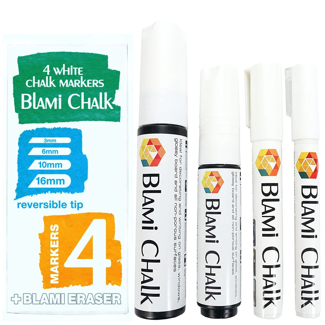 a group of white markers next to a box with text: '4 WHITE CHALK MARKERS BLAMi CHALK glossy board and all non-porous surfaces Ideal for decorating and writing on glass, windows, 3mm 6mm 10mm glossy board and all non-porous Ideal for decorating and writing on glass, windows 16mm CHALK reversible tip 4 MARKERS + BLAMI ERASER'