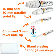 a close up of a marker with text: '16 mm - parallel point tip 28 16 mm and 10 mm parallel 10 mm - parallel point tip - 15 g point tip BLAMI bullet 6 mm and 3 mm C reversible tip chisel Blami erasing sponge (use damp)'