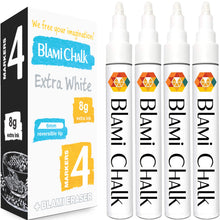 a group of white markers next to a box with text: 'We free your imagination! BLAMi CHALK Extra White MARKERS BLAMi CHALK BLAMi CHALK CHALK BLAMi CHALK 8g 8g extra ink 6mm extra ink reversible tip MARKERS + BLAMI ERASER'