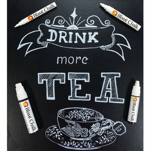 a chalkboard with white chalk and text with text: 'BLAMi CHALK BlAMi CHALK DRINK more TEA 10 mm - parallel point tip - 15 g BLAMi CHALK 16 mm - parallel point tip - 28 g CHALK GREEN TEA'