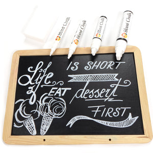 a chalkboard with white writing on it with text: 'EAT dessert IS SHORT BLAMi CHALK BLAMi CHALK 10 mm - parallel point tip - 15 FIRST board and all porous surfaces BLAMi CHALK G'