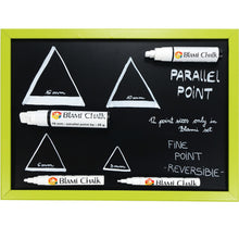 a chalkboard with different types of chalk on it with text: 'board and all non porous surfaces BLAMi CHALK POINT 16 mm 10 mm BLAMi CHALK 12 point only in 16 mm - parallel point tip - 28 g Blami set FINE POINT 6 mm 3 mm -REVERSIBLE- BlAMi BLAMi CHALK'