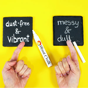 hands pointing at chalk on black signs with text: 'dust-free messy & vibrant'